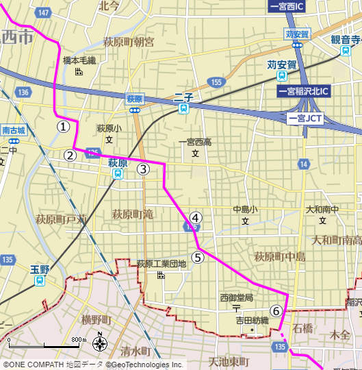 地図：一宮市萩原町内の美濃路（日光川から稲沢市に入るところで）