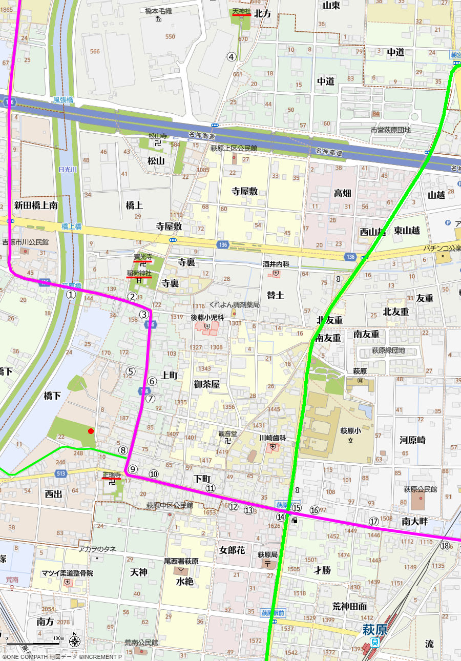地図：萩原橋から名鉄尾西線の踏切までの美濃路