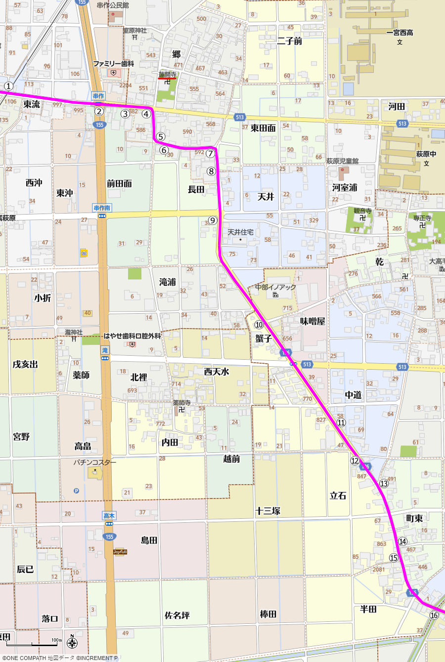 地図：名鉄尾西線の踏切から高木橋までの美濃路