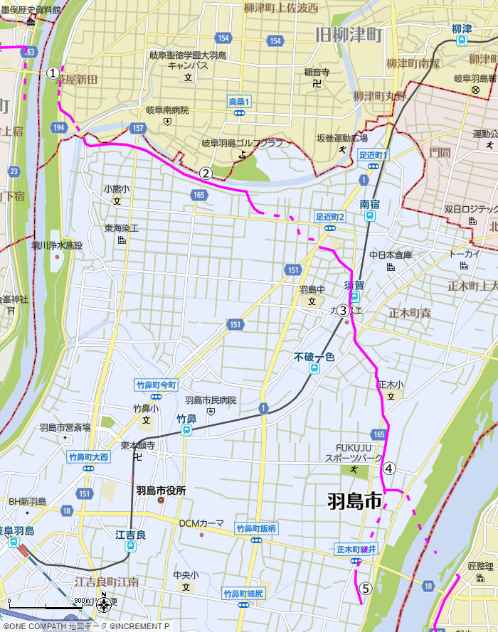 地図：長良川から木曽川までの美濃路