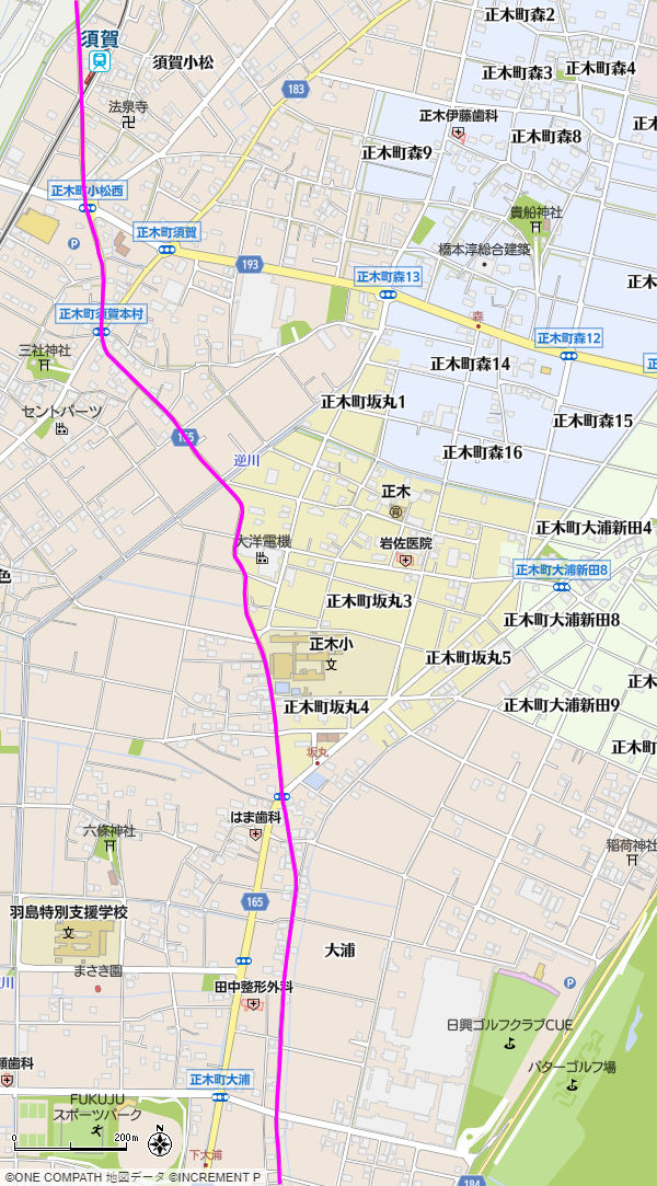 地図：名鉄竹鼻線の踏切から正木町大浦交差点の西までの美濃路