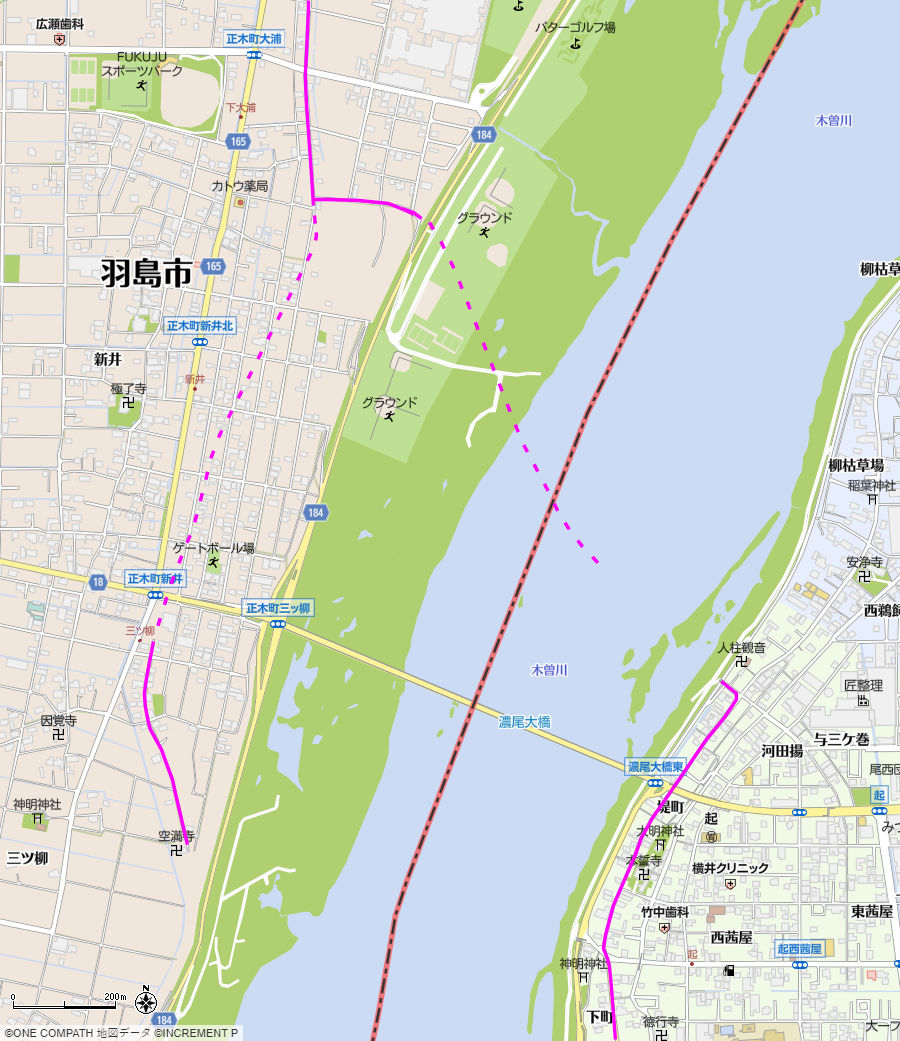 地図：正木町大浦交差点の西方から木曽川までの美濃路