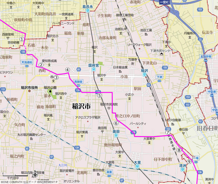 地図：稲沢市内の美濃路