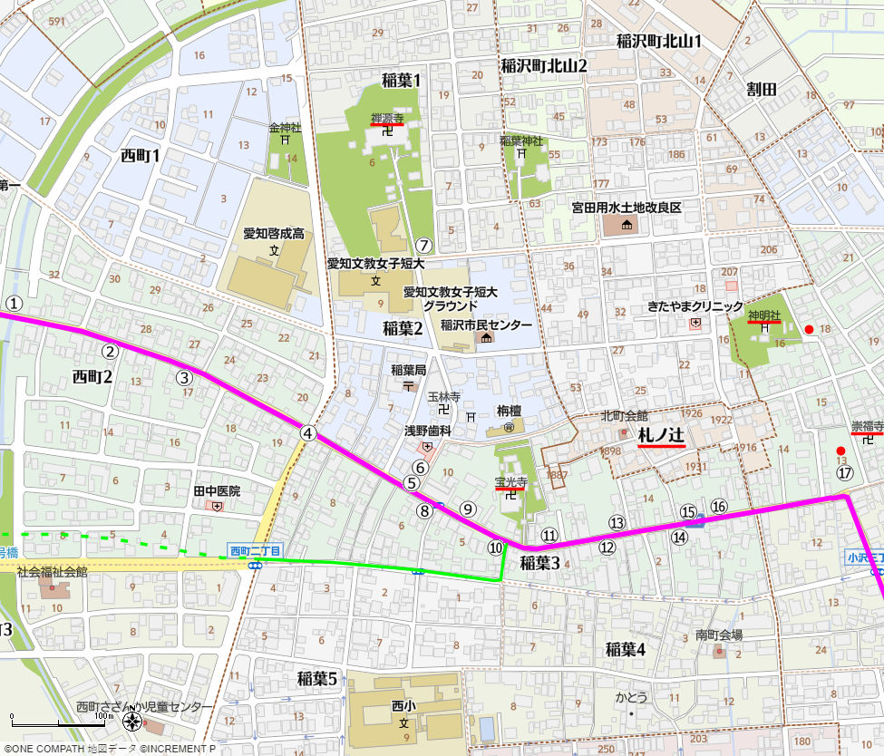 地図：魦ノ橋から稲葉宿本陣跡までの美濃路