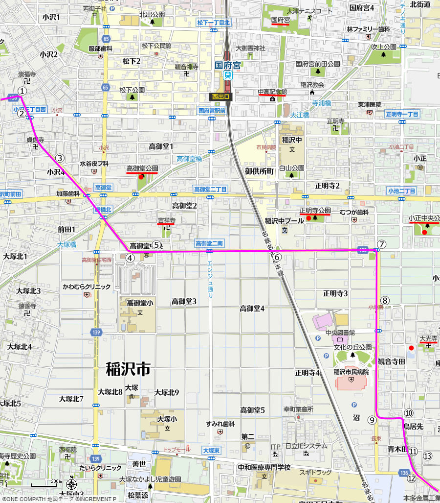 地図：稲葉宿本陣跡から長束までの美濃路