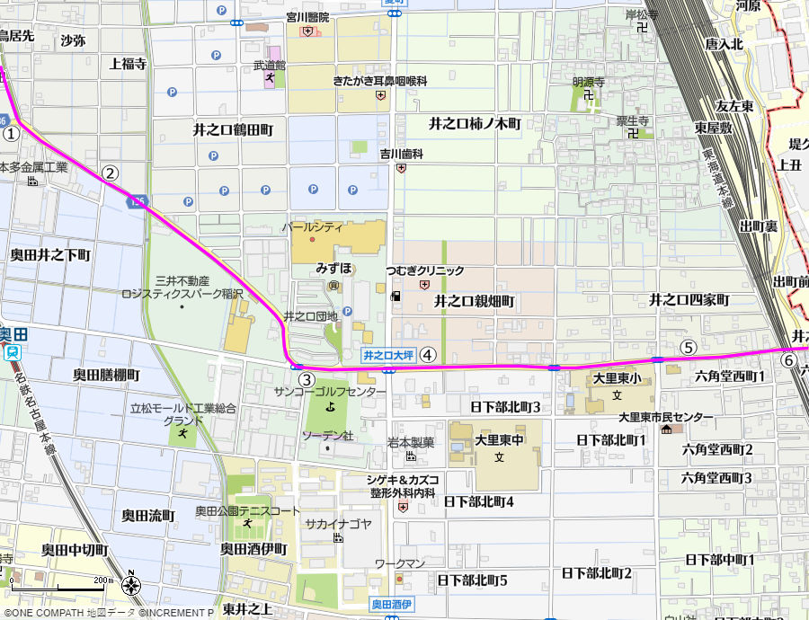 地図：長束から，東海道線の踏切までの美濃路