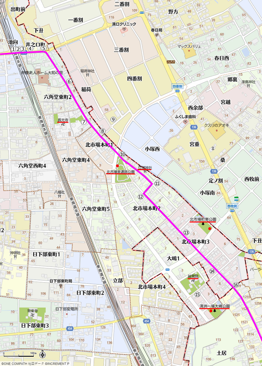地図：東海道線の踏切から，清須市に入るところまでの美濃路