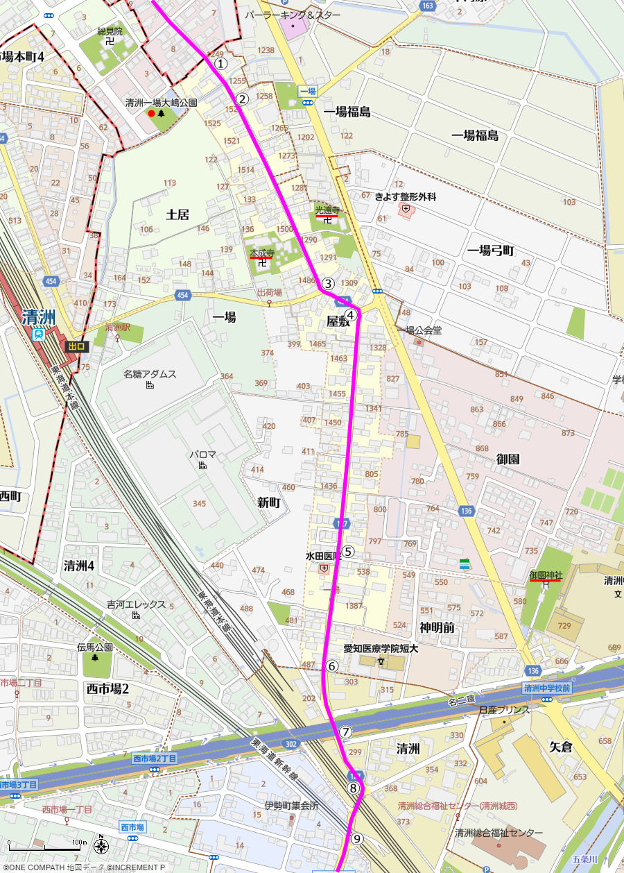 地図：稲沢市との市境から東海道新幹線までの美濃路