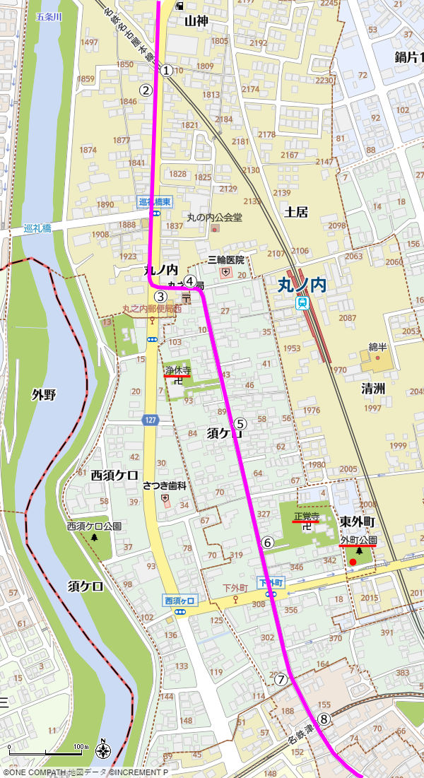 地図：名鉄名古屋本線から津島線の踏切までの美濃路