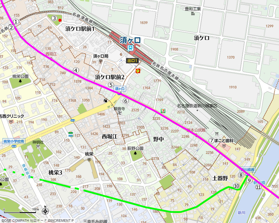 地図：名鉄津島線の踏切から新川橋までの美濃路