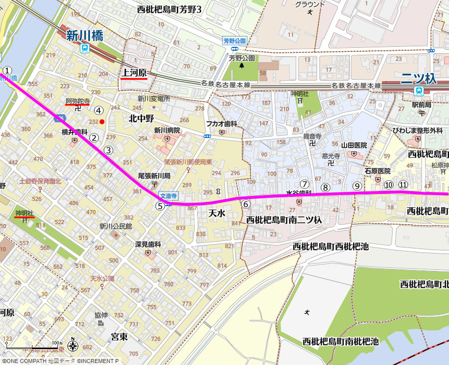 地図：新川橋から二ツ杁駅の南までの美濃路