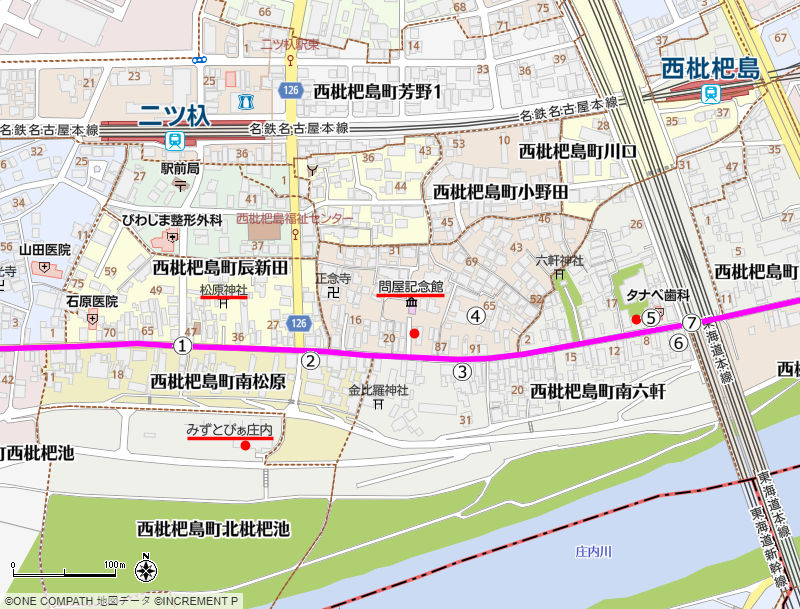 地図：二ツ杁駅の南から東海道新幹線線までの美濃路