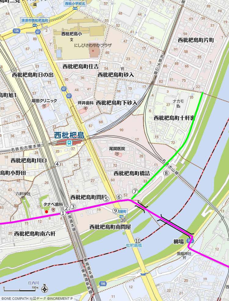 地図：東海道新幹線から庄内川までの美濃路