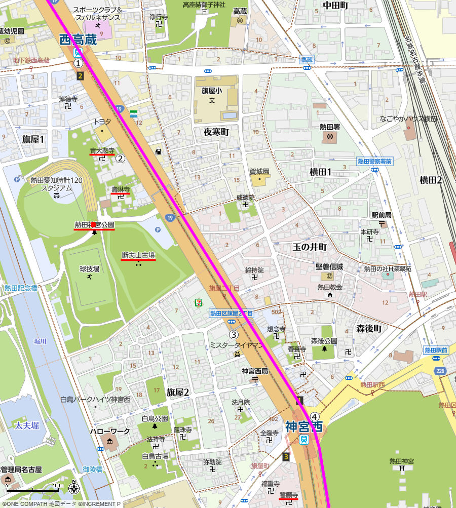 地図：西高蔵交差点から旗屋町交差点までの美濃路