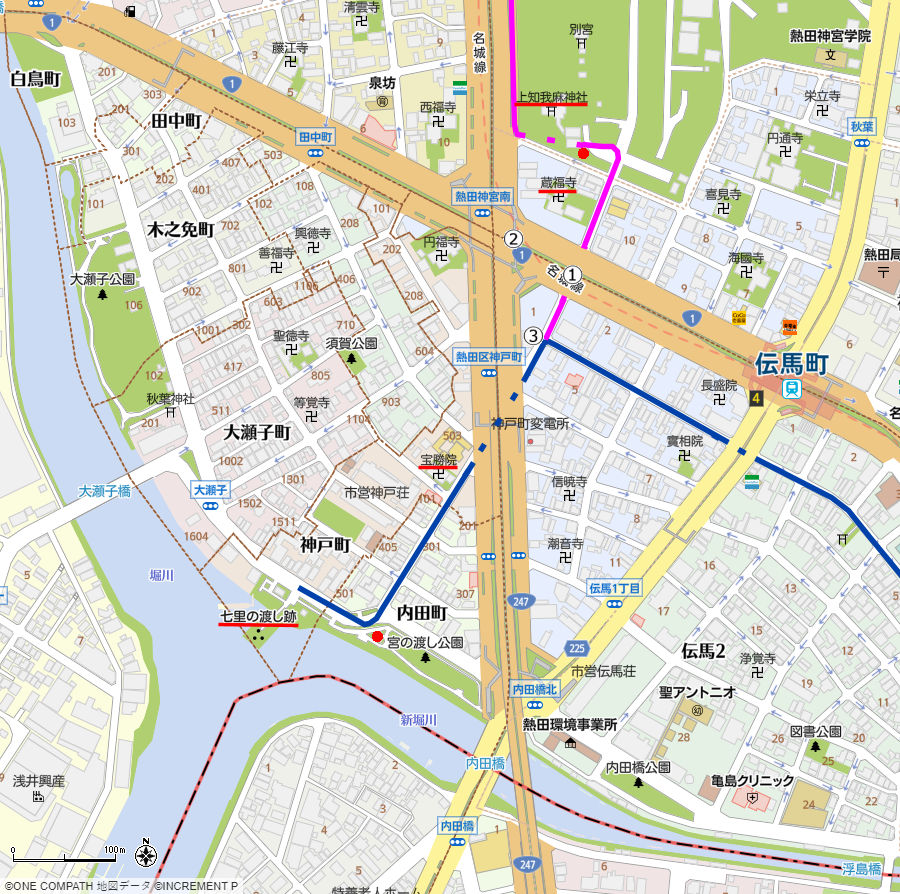 地図：美濃路の追分から七里の渡し跡までの東海道