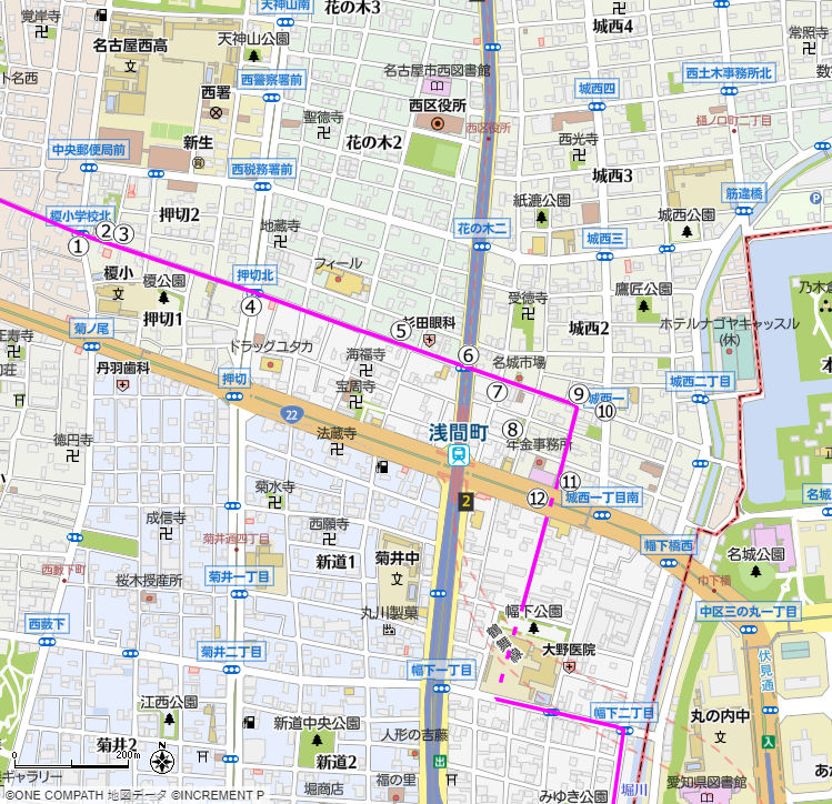 地図：榎小学校北交差点から伏見通までの美濃路