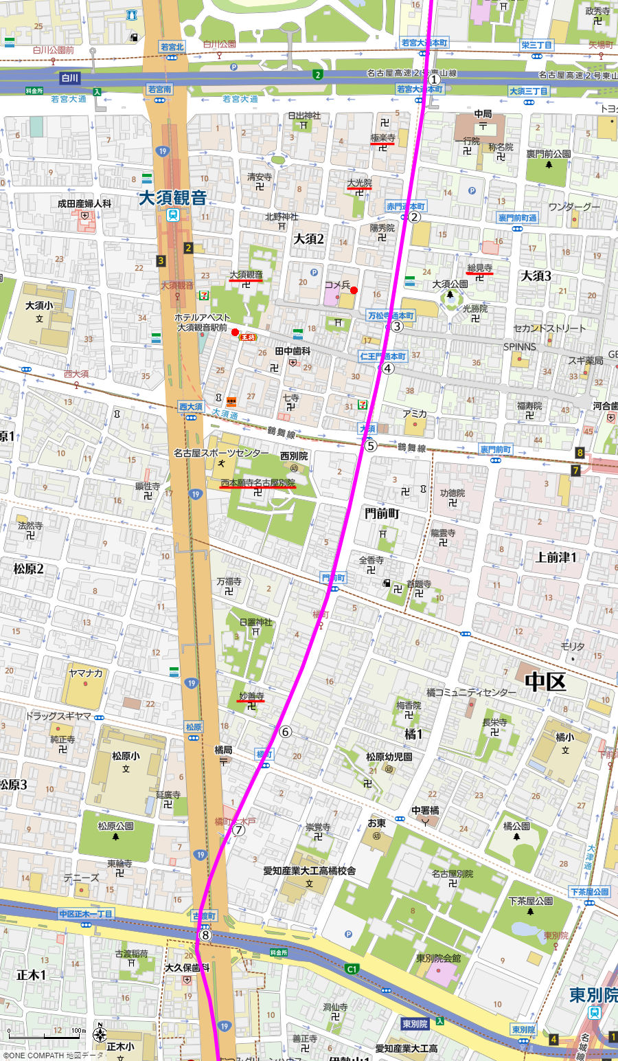 地図：若宮大通から古渡町交差点までの美濃路