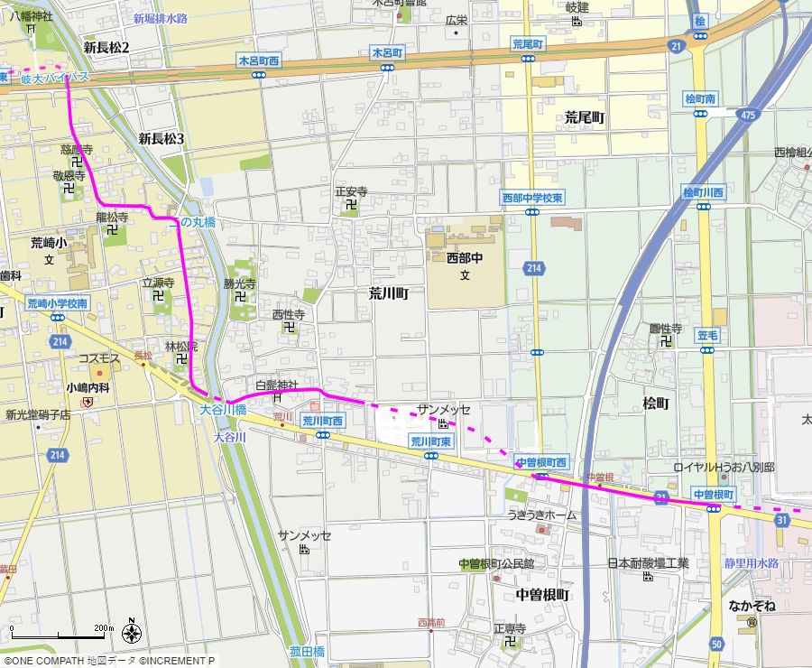 地図：岐大バイパスから中曽根町交差点までの美濃路