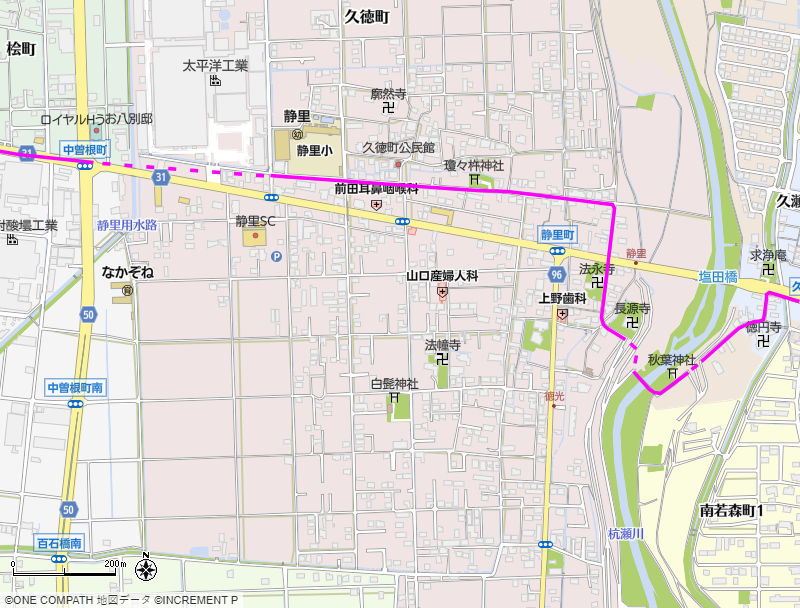 地図：中曽根町交差点から，杭瀬川を渡った先までの美濃路