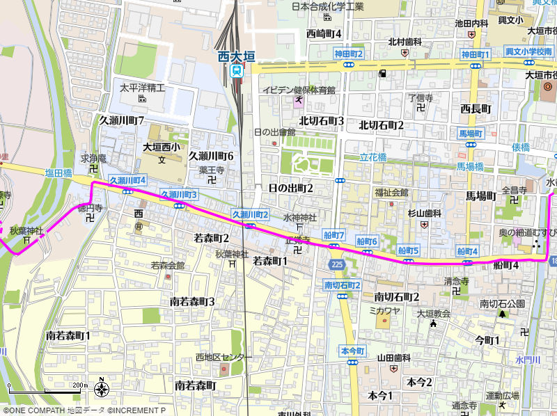 地図：杭瀬川を渡った先から高橋までの美濃路