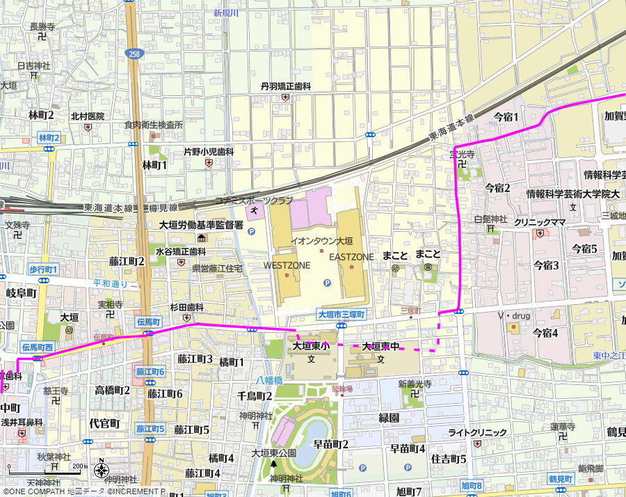 地図：伝馬町西交差点から加賀野の5叉路までの美濃路