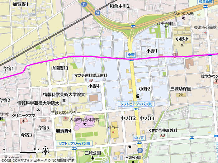 地図：加賀野の5叉路から小野小学校の南までの美濃路