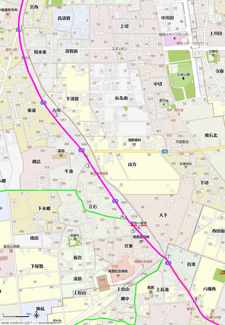 地図：歩道橋から，八幡神社近くにある変則的な四叉路までの美濃路