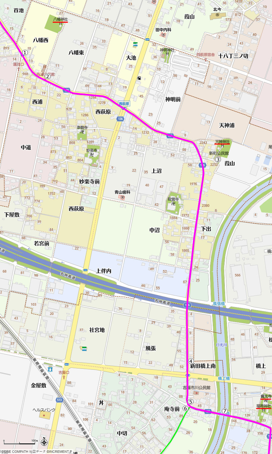 地図：八幡神社近くの変則的な四叉路から萩原橋までの美濃路