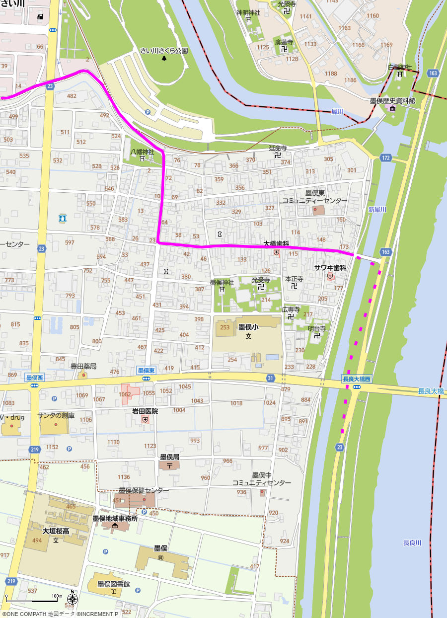 地図：県道23号線から長良川までの美濃路