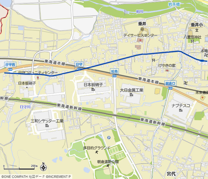 地図：垂井一里塚あたりから前川橋あたりまでの中山道