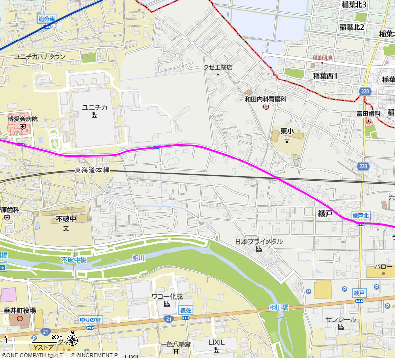 地図：博愛会病院の前から，綾戸北交差点までの美濃路